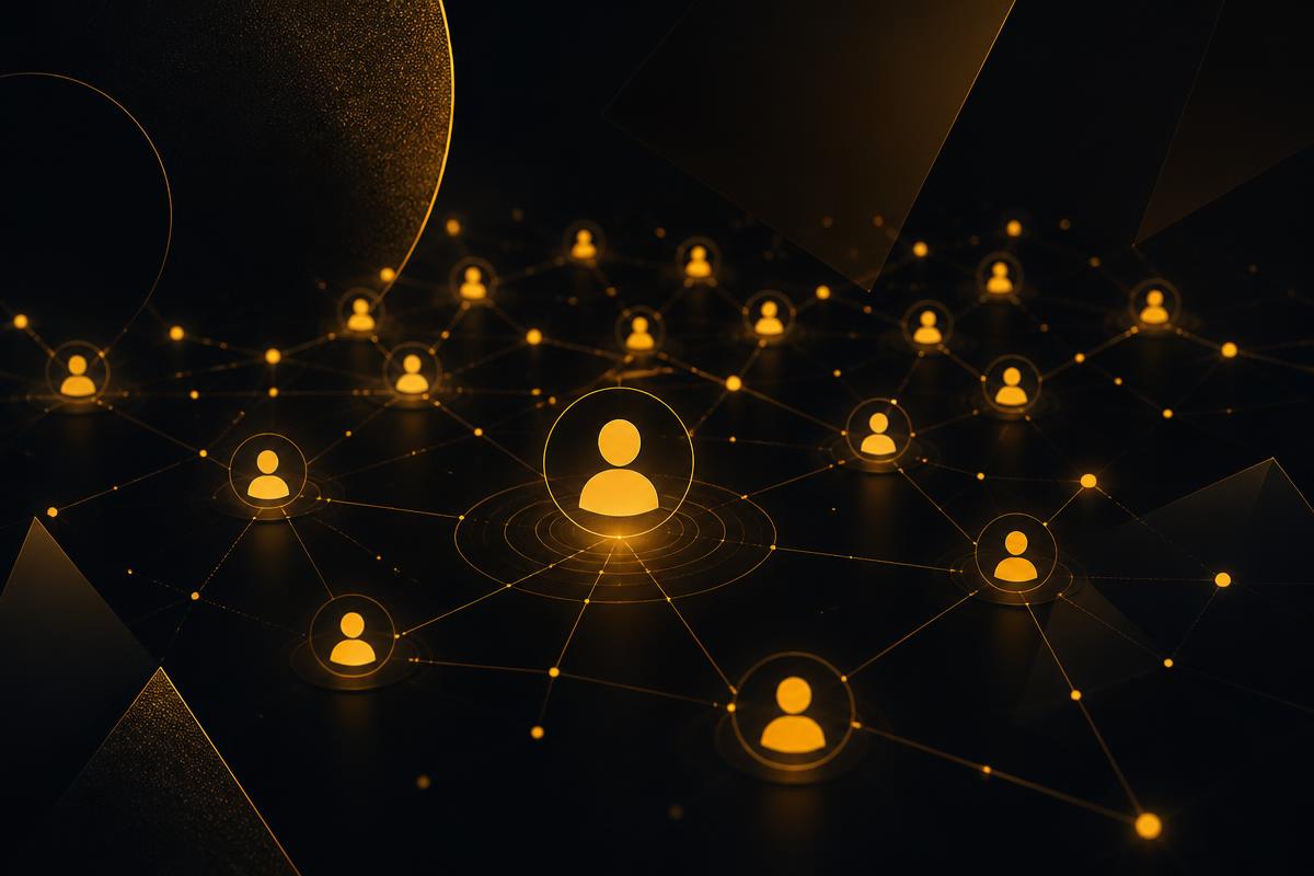 Abstract network of connected audience nodes glowing in amber on a dark background