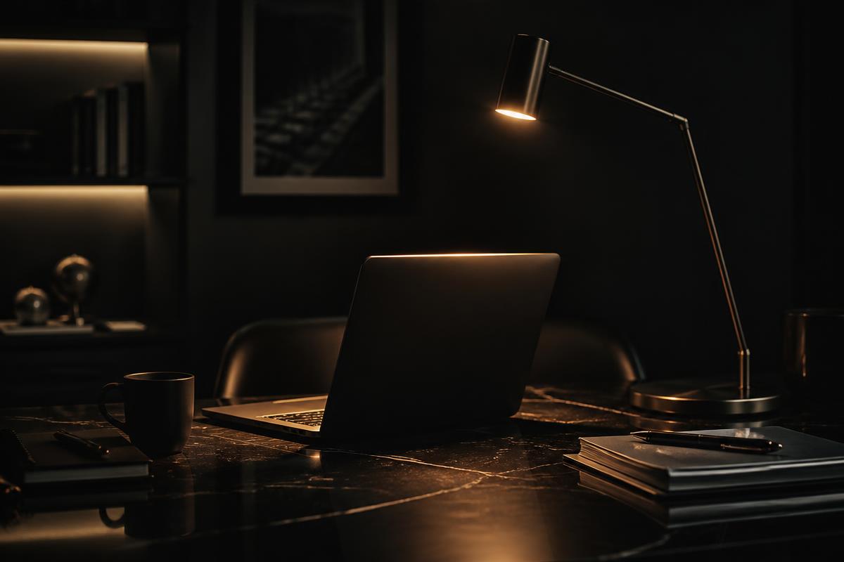 A dimly lit operator workspace with a laptop and amber desk lamp